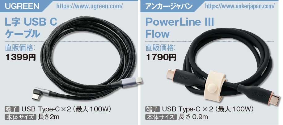 図3　USB PD（最大100W）に対応したUSB Type-Cケーブル。パソコンなどではL字の端子だと使いやすく（左）、スマホなら絡みにくいシリコン製がお薦めだ（右）