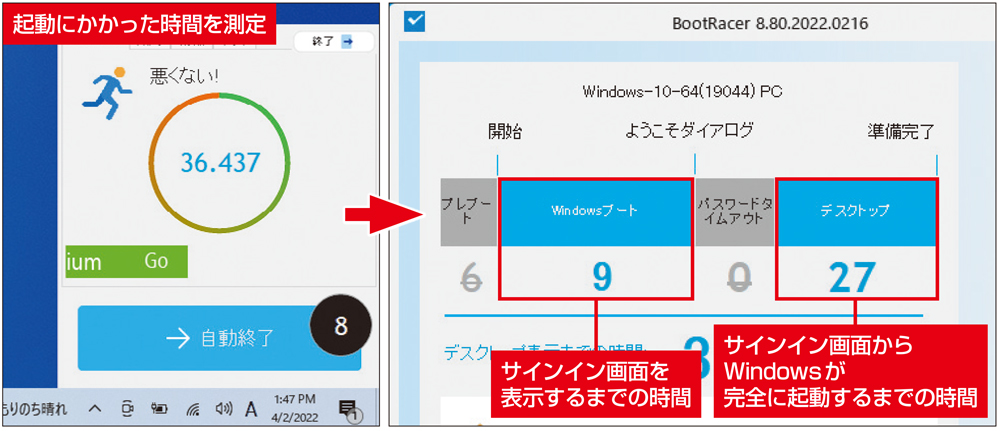 図3　再起動後、自動的にアプリが実行。デスクトップ画面が表示され、Windowsが完全に起動するまでの時間を表示する。計測後アプリを開くと詳細も分かる