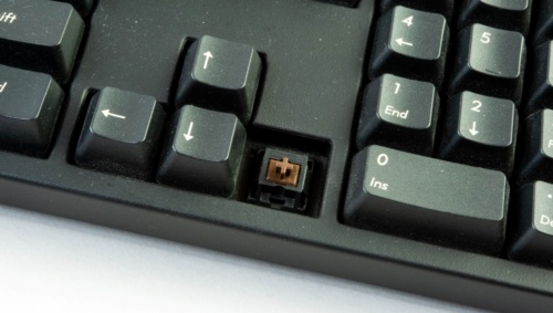 キートップを外すと、メカニカルキーボードの軸が現れる。この色で種類を識別する。このキーボードは「茶軸」だ。