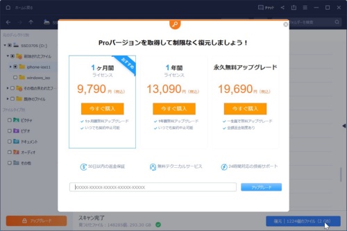 復元したファイルが2GBを超えた後は、スキャンはできるが復元しようとするとPro版のライセンス購入を促される