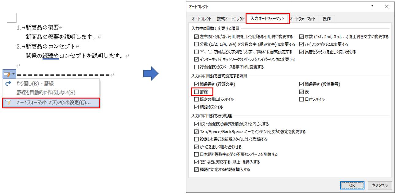 「オートコレクトのオプション」ボタンをクリックし、「オートフォーマットオプションの設定」をクリックして「オートコレクト」画面を表示する。「入力オートフォーマット」タブの「入力中に自動で書式設定する項目」の「罫線」のチェックボックスをオフにすると、ケイ線が自動的に作成されるのを解除できる