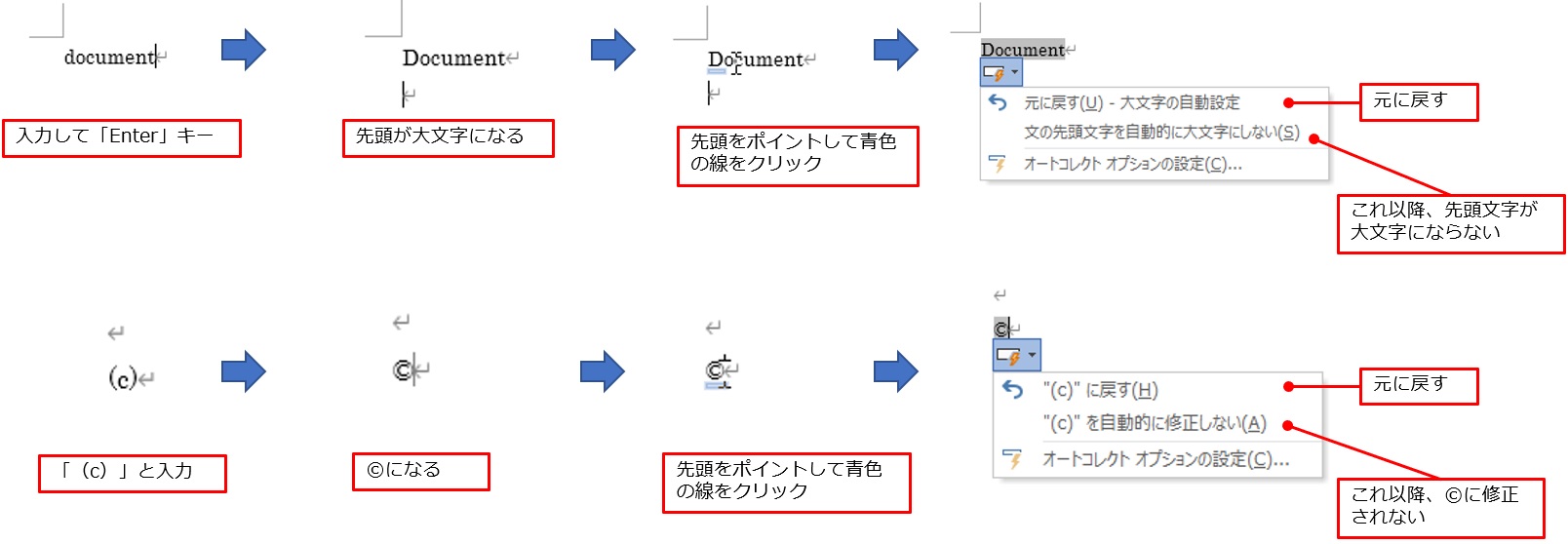 先頭に英単語を入力して「Enter」キーを押すと、先頭の1文字が大文字に変わってしまう。同様に「(c)」と入力すると、「©」に変換される。どちらも先頭をポイントして青色の線をクリックすると、「オートコレクトのオプション」ボタンが表示できる。ここから元に戻す、自動的に作成しないなどの設定が可能だ