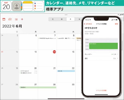 図2 iCloudを使ってカレンダーや連絡先、メモといった標準アプリに入力したデータを同期。自分のほかの端末同士で情報をリアルタイムに反映できる
