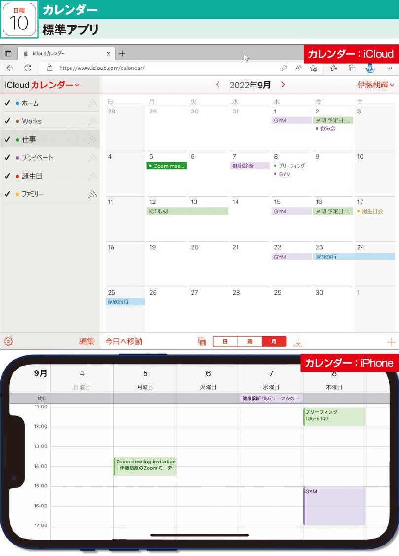 図1　「iPhone」などのアップル製端末に標準搭載されている「カレンダー」アプリに入力した情報は、iCloudを介して端末間で同期される。予定に人や場所を登録することで「連絡先」「マップ」との連携も可能だ