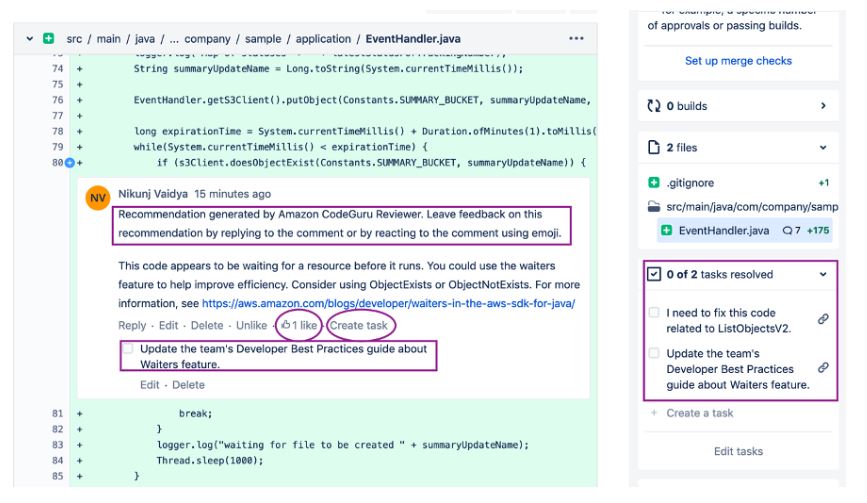 AWS CodeGuru Reviewerの画面例