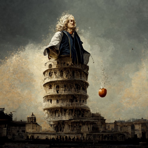 「Isaac Newton drops an apple in his right hand from the Leaning Tower of Pisa to the ground.（アイザック・ニュートンがピサの斜塔から地面にリンゴを落とした）」との文章からMidjourneyが生成したイラスト
