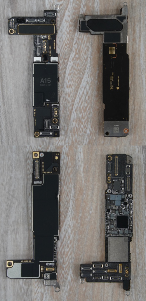 図12 iPhone 14とiPhone 13のメイン基板を並べた様子