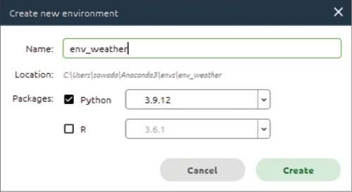 図35 ●名前を「env_weather」に、Pythonのバージョンを「3.9.12」に指定して新しい環境を作る