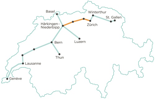 図3　スイス国内を東西に縦断して主要都市を結ぶ