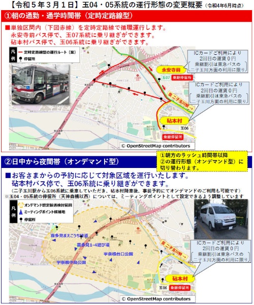 宇奈根・喜多見地区の路線バスの新たな運行形態。二子玉川駅までの路線を途中のバス停までに短縮したうえで、朝ラッシュ時以外はAIオンデマンド交通とする