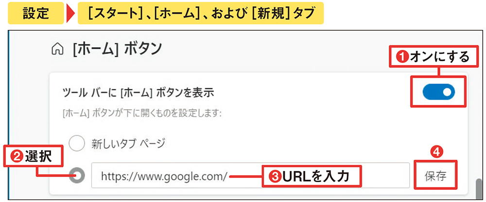 図4 Edgeの設定画面を開くには、画面の右上隅の「…」ボタンをクリックして「設定」を選ぶ。Edgeの設定画面のメニューで「［スタート］、［ホーム］、および［新規］タブ」を選び、開いた画面で「ツールバーに［ホーム］ボタンを表示」をオンにする（1）。「ホーム」ボタンを押したときに開くサイトのURLを入力し（2）（3）、「保存」をクリックする（4）