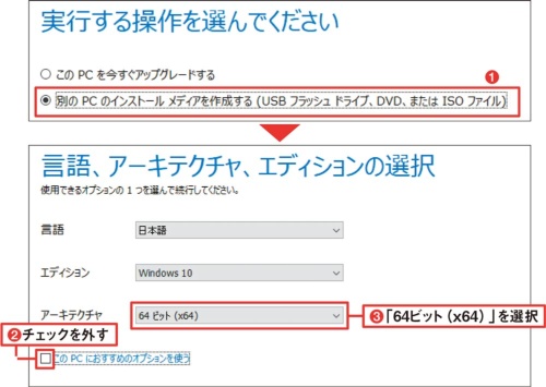 図5 「実行する操作を選んでください」の画面では「別のPCのインストールメディアを…」を(1)、「言語、アーキテクチャ、エディションの選択」では、「アーキテクチャ」で「64ビット(x64)」を選ぶ(2)(3)
