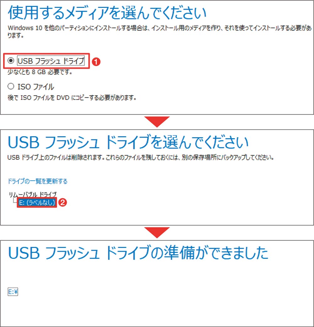 図6「 使用するメディアを選んでください」で、用意したUSBメモリーをパソコンに挿し「USBフラッシュドライブ」を選ぶ（1）。「USBフラッシュドライブを選んでください」では、挿したUSBメモリーを選択する（2）