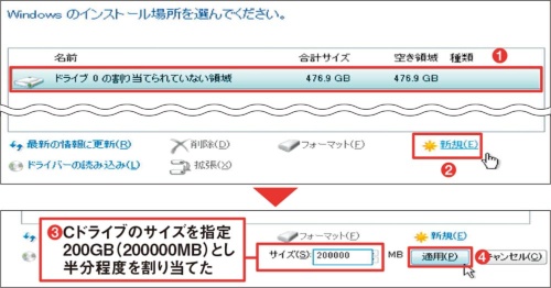 1つのディスクをC、Dの2ドライブに分割
