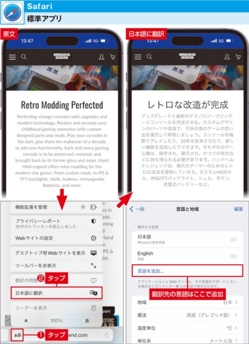 図1 「Safari」の「タブバー」にある「ぁあ」をタップし表示されたメニューで「日本語に翻訳」をタップすると、現在表示されている外国語のWebページを丸ごと日本語に翻訳できる。翻訳先になる言語の追加も可能だ
