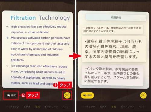 図4 「カメラ」「写真」アプリの「テキスト認識表示」機能を用いて、翻訳する。認識→テキストを選択(場合によっては不要)→翻訳の手順を踏む