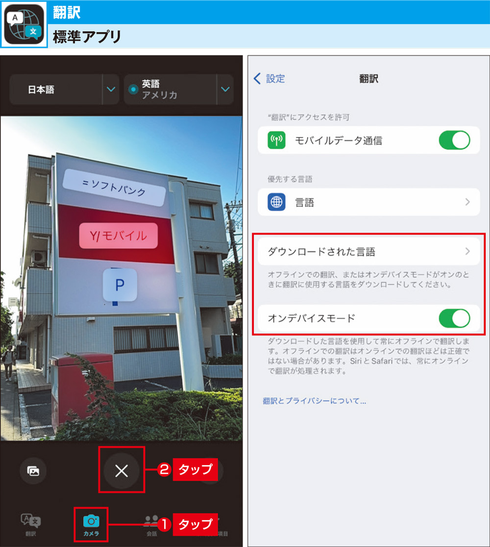 図5　「翻訳」アプリの「カメラ」モードでシャッターボタンを押すと、対象物に翻訳されたテキストが重なって表示される点が楽しい