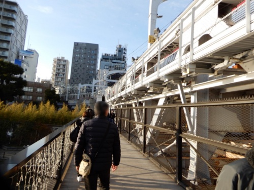 すみだリバーウォークでは、すぐ横の隅田川橋梁を電車が通り抜けるというレアな体験ができる（写真：三上 美絵）