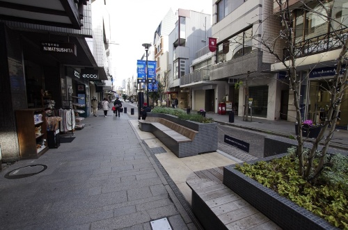 車道の蛇行箇所で生まれる歩道部分の空間的余裕に、ベンチなどのストリートファニチャーを設置。にぎわい創出の仕掛けの1つだ。休日の混雑時には、こうしたベンチなどに腰掛けて休息する人を多く見かける。(写真:下田 健太郎)