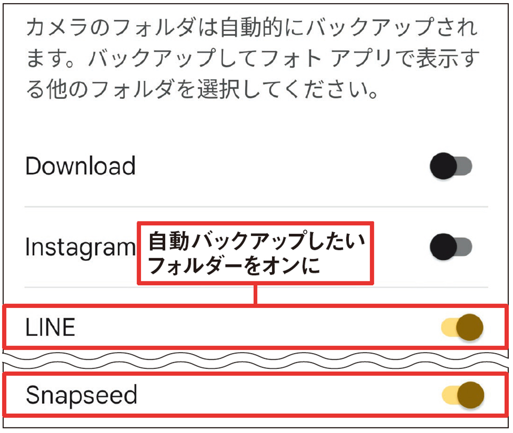 図15 初期設定では標準カメラ以外のフォルダーはバックアップ対象にならない。LINEで保存した写真・動画やレタッチアプリで修正した画像なども自動アップロードしたいならオンにする