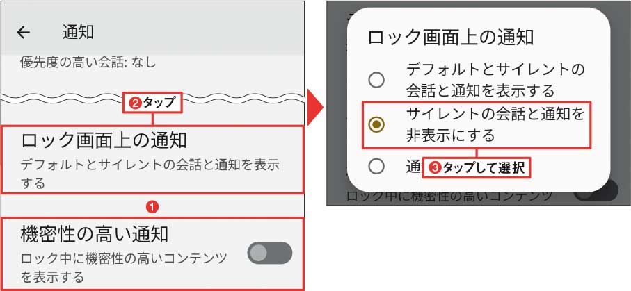 図10 「設定」→「通知」を開く。「機密性の高い通知」がオフになっていることを確認（1）。「ロック画面上の通知」をタップし（2）、「サイレントの会話と通知を非表示にする」を選ぶ（3）