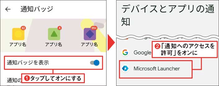 図17 「通知バッジを表示」をオンにする（1）。「デバイスとアプリの通知」が開くので、「Microsoft Launcher」をタップして「通知へのアクセスを許可」をオンにする（2）