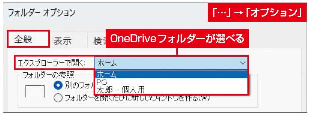 図5　「フォルダーオプション」の「全般」→「エクスプローラーで開く」のメニューからOneDriveフォルダーを指定できる