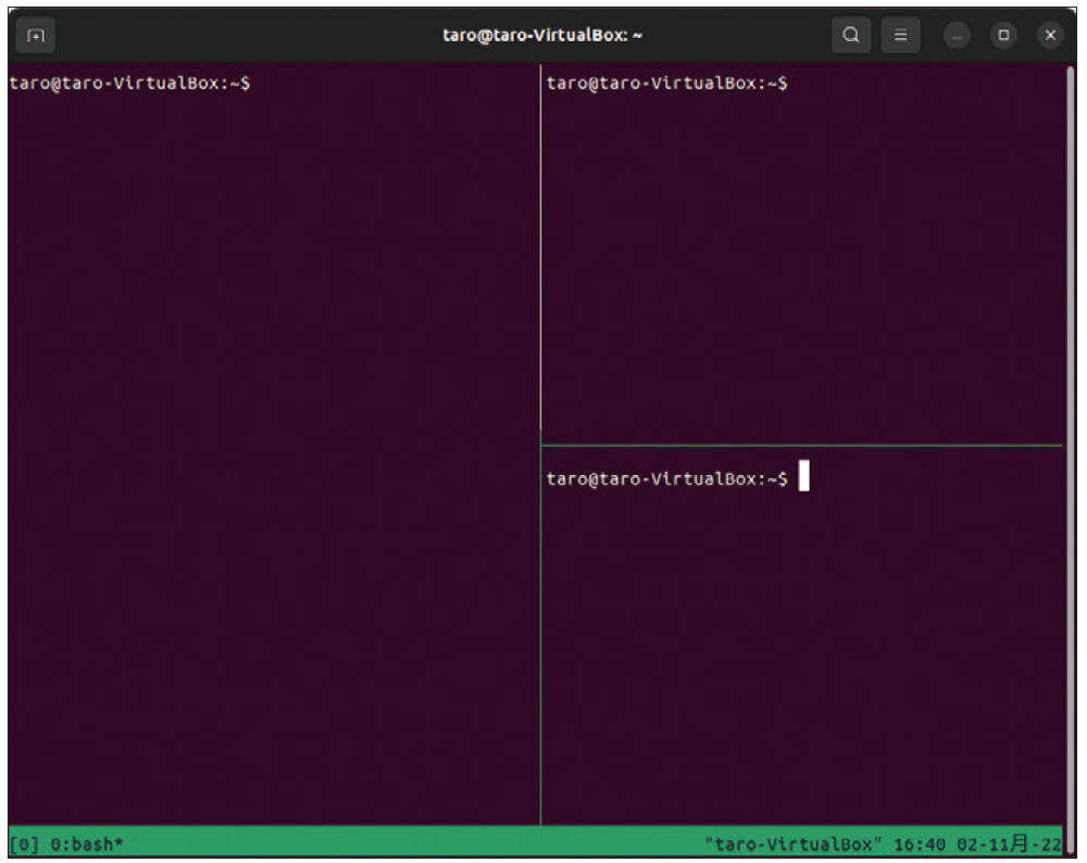 図10　tmuxで「端末」アプリ内の画面を分割した様子