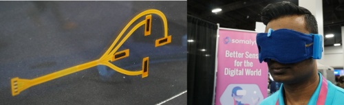 米スタートアップのSomalyticsが発表したアイマスク「SomaSleep」に内蔵されたセンサー（左）と装着イメージ（右）