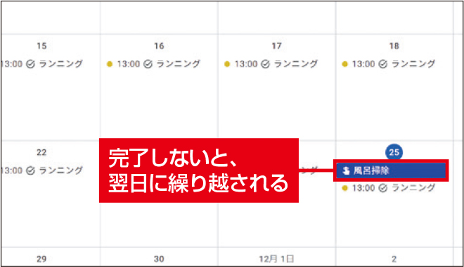 図8　リマインダーを実行したら、完了にする。完了しなかった場合、翌日に繰り越される