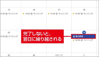 図8 リマインダーを実行したら、完了にする。完了しなかった場合、翌日に繰り越される