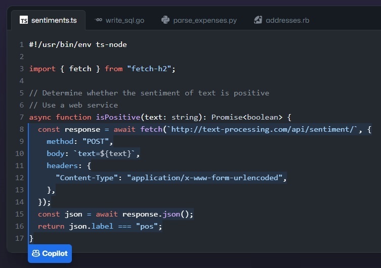 GitHub Copilotでは、コードを途中まで書くと続き（青い線の部分）を自動で生成してくれる