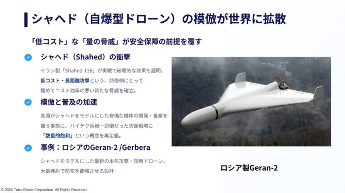 Shahedを模倣した攻撃ドローンが世界に広まりつつある。ロシアでは年間で2万~2万5000機程度を生産しているという情報もある(出所:テラドローン)