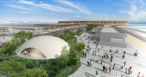 「未来社会の実験場」をコンセプトに掲げる大阪・関西万博。会場内に建てられるCUCO-SUICOMドームの完成イメージ。建設場所は大阪・関西万博のシンボルとなるリング状の木造大屋根の外側。西ゲート広場付近だ。環境教育の場として使われる(出所:鹿島)