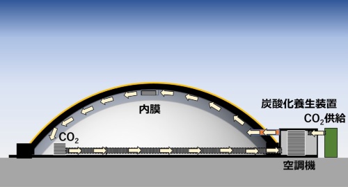 鉄筋にコンクリートを吹き付けて躯体を構築した後、躯体内部で小型ドームを膨らませ、内膜をつくる。躯体と内膜の間にCO<sub>2</sub>を送り込み、炭酸化養生を実施する(出所:鹿島)