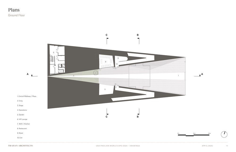 米国館の1階平面図。三角形平面の建物2棟を並べた構成だ（出所：Trahan Architects）