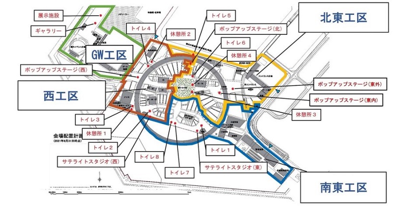 万博会場の工区と20施設の位置（出所：2025年日本国際博覧会協会）