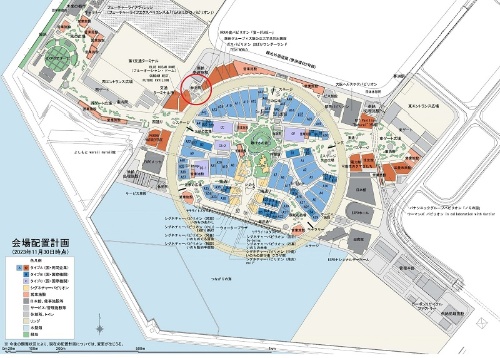 休憩所2(赤い丸印)は大屋根の西側に隣接するようにできる(出所:2025年日本国際博覧会協会)