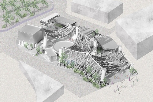 約750個の石をつるした休憩所2を上空から見たイメージ(出所:工藤浩平建築設計事務所)