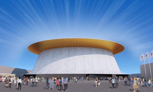 「EXPO ホール」の外観イメージ。鉄骨造で、高さは約20m。2025年日本国際博覧会協会は大催事場基本設計業務の公募型プロポーザルを実施し、伊東豊雄建築設計事務所を最優秀提案事業者に選定した。基本設計業務の委託上限金額は約1億800万円(出所:2025年日本国際博覧会協会)