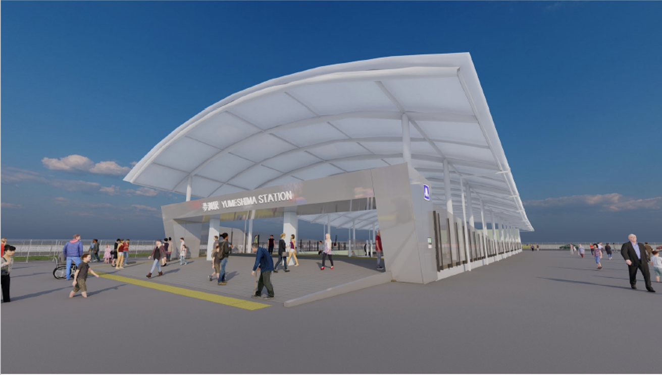 2025年1月19日に開業する、大阪メトロ中央線の「夢洲駅」。図は南東出入り口の外観イメージ（出所：大阪市）