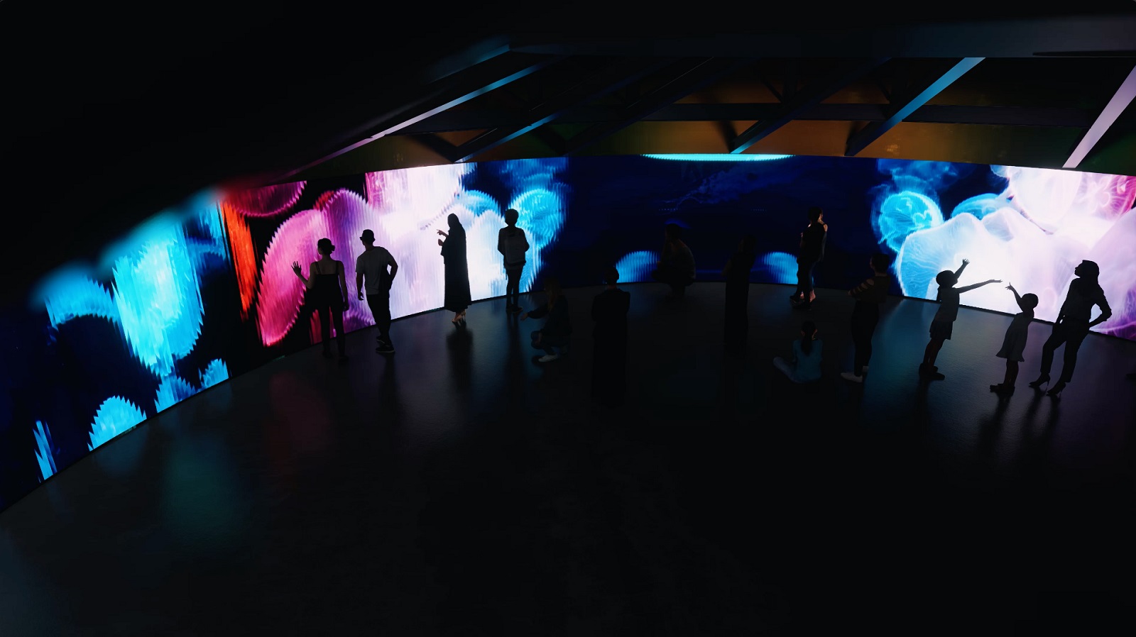 1階は暗闇で、五感を研ぎ澄まして進む。中央部にある360度の映像を見ながら、来場者自身がイベントの一部になるような仕掛けを用意する（出所：steAm Inc.＆ Tetsuo Kobori Architects All Rights Reserved）