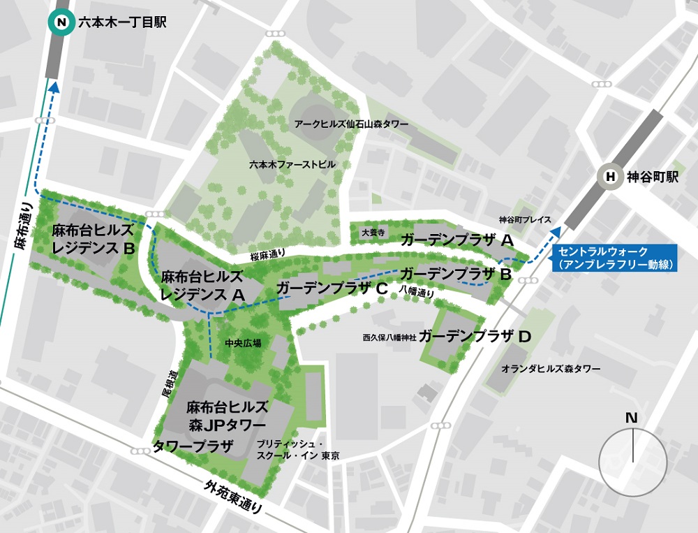 麻布台ヒルズの配置図。最寄り駅は東京メトロ日比谷線の神谷町駅と南北線の六本木一丁目駅（出所：森ビル）
