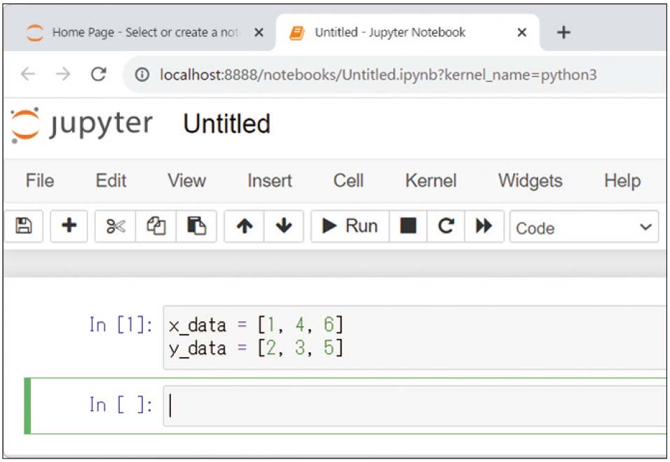 図7 ●Jupyter Notebookを起動し、セルにプログラムを記述して、「Run」ボタンを押して実行する