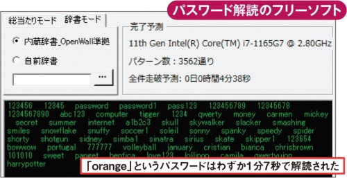 図3 ネットにはパスワードを忘れたときに役立つフリーソフトが公開されている。そのうちの1つを使ってみると、「orange」というパスワードはわずか1分7秒で解読された。複雑なパスワードも時間さえかければいずれ解読されてしまう