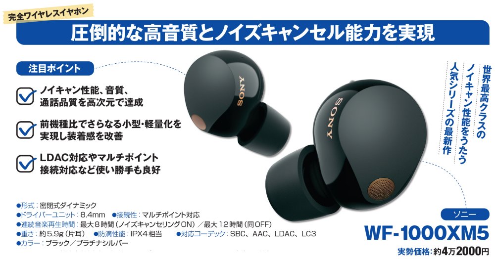 高音質なソニーのワイヤレスイヤホン「WF-1000XM5」、小型・軽量化で 