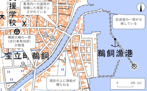 石川県珠洲市宝立町の鵜飼集落付近の被害状況(出所:国土地理院の地図データに日経クロステックが加筆)