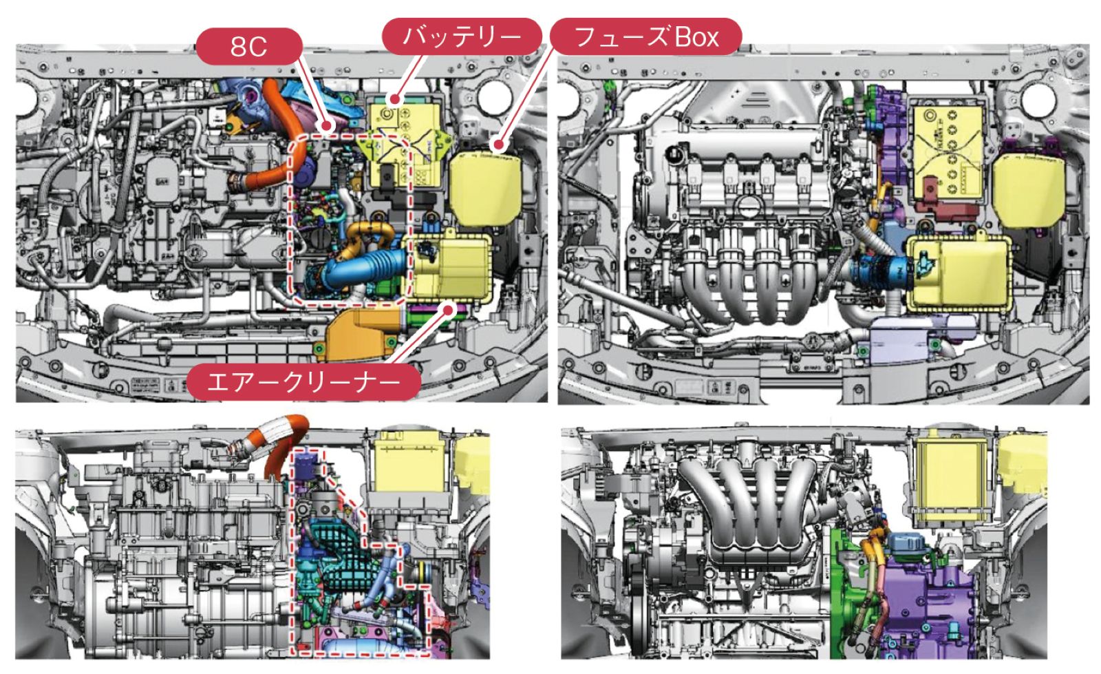 MX-30のPHEV（左）とMHEV（右）、エンジンルーム内の様子。ヒューズボックスなどできるだけ同じものを使いつつ、配置も同じにしたい。ロータリーをMHEVのATと同じ位置に搭載しなければならなかった（出所：マツダ）