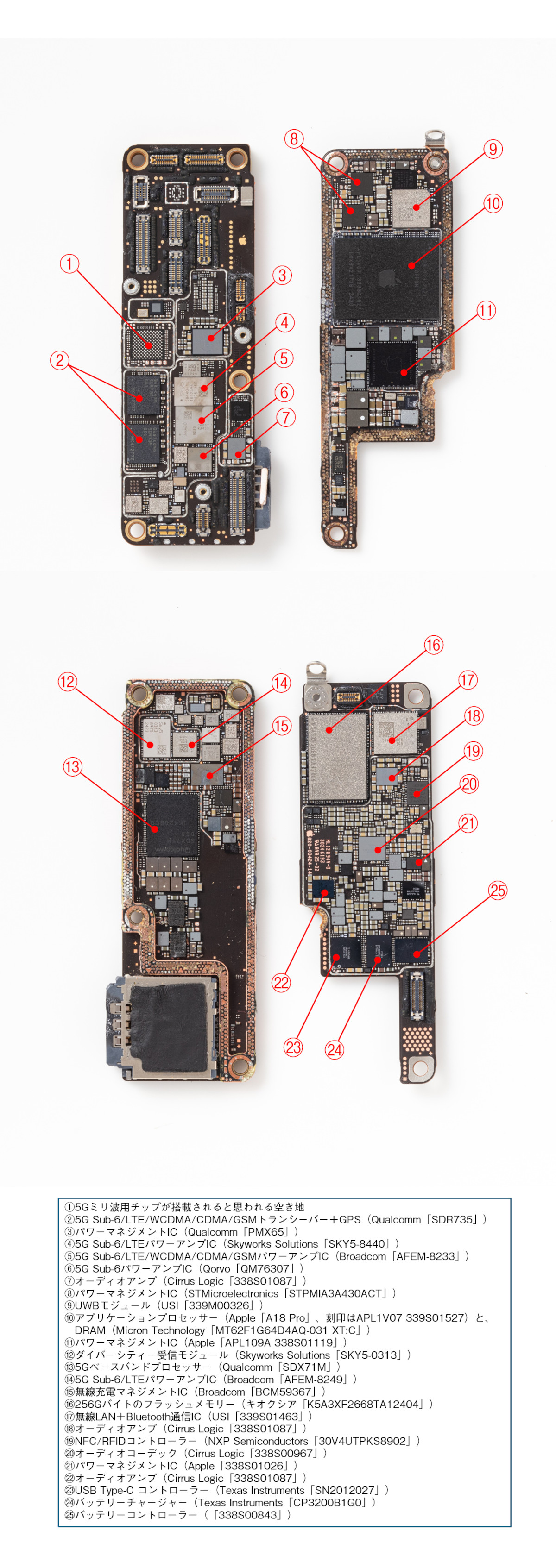 iPhone16ロジックボード欠品 iPhone 16 Proのメイン基板が約3割小さく、部品がぎっしり両面に
