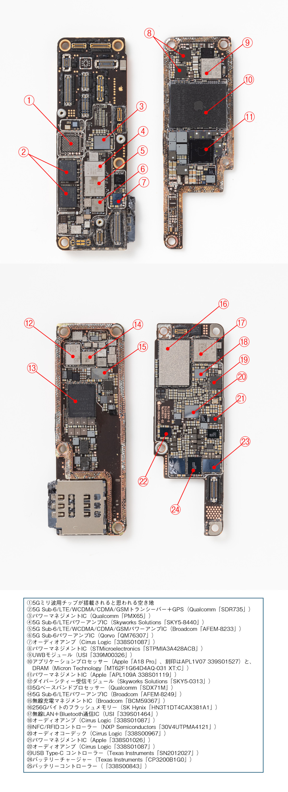 iPhone 16 Proのメイン基板が約3割小さく、部品がぎっしり両面に